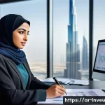 Home 22 PP 대출 투자에서의 기회 포착 전략 - A professional Arab businesswoman in traditional attire, sitting at a modern office desk with Arabic...