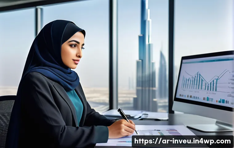 PP 대출 투자에서의 기회 포착 전략 - A professional Arab businesswoman in traditional attire, sitting at a modern office desk with Arabic...