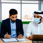 Home 18 PP 대출과 글로벌 시장의 연계 - A bustling small business office in Riyadh during the COVID-19 pandemic, showing a diverse group of ...