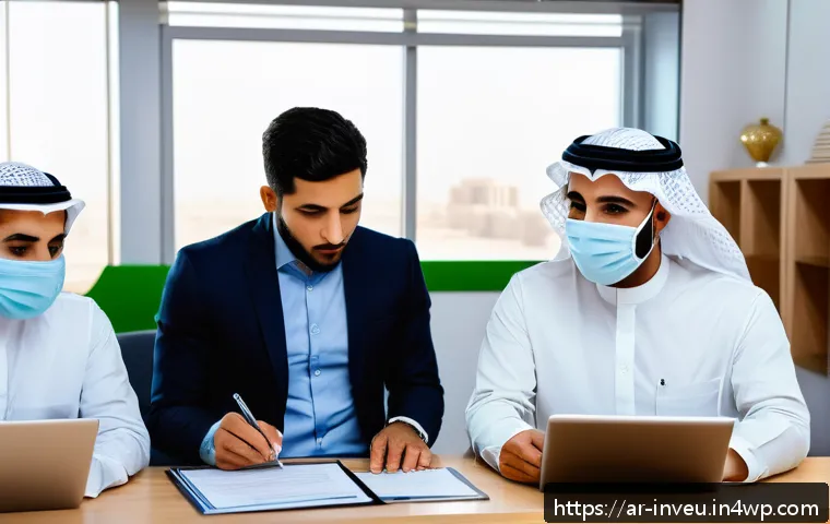 PP 대출과 글로벌 시장의 연계 - A bustling small business office in Riyadh during the COVID-19 pandemic, showing a diverse group of ...