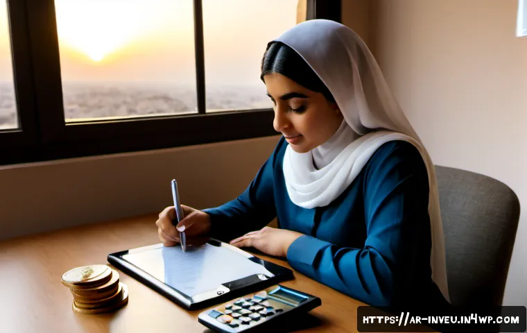 Home 17 PP 대출 투자에서의 감정적 요인 - Photorealistic Middle Eastern Arab woman in modest contemporary clothing seated at a clean home offi...
