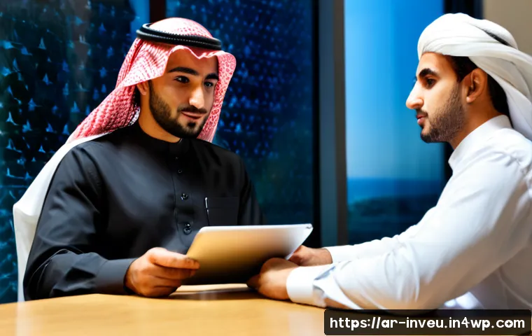 PP 대출 플랫폼의 유망 기술 현황 - Photorealistic modern peer-to-peer lending platform concept, confident Arab financial advisor in mod...